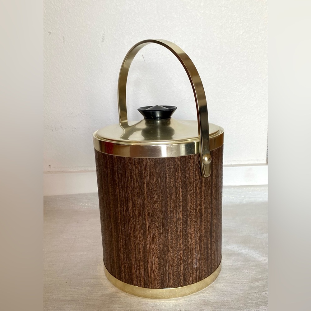 Vintage Kromex Mid Century Woodgrain Texture Ice Bucket